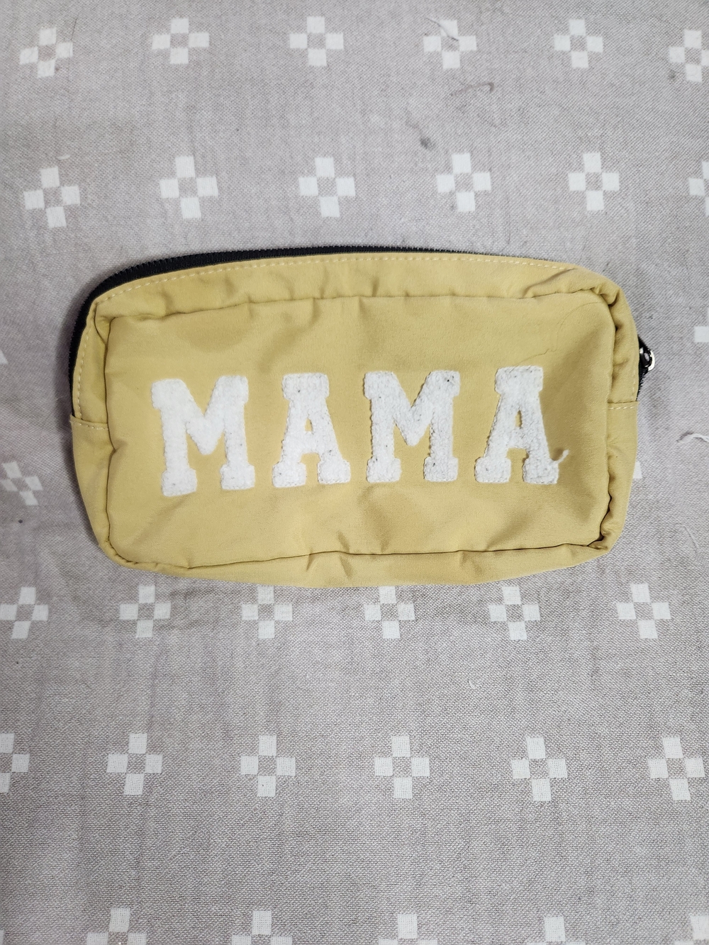 Mama cosmetic pouch features white fuzzy chenille varsity-style letter - Picture 1 of 9
